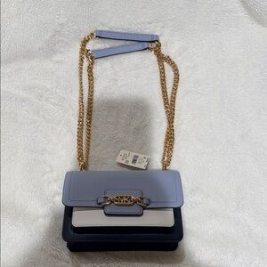Michael Kors Blue and White Crossbody Bag with Gold Chain